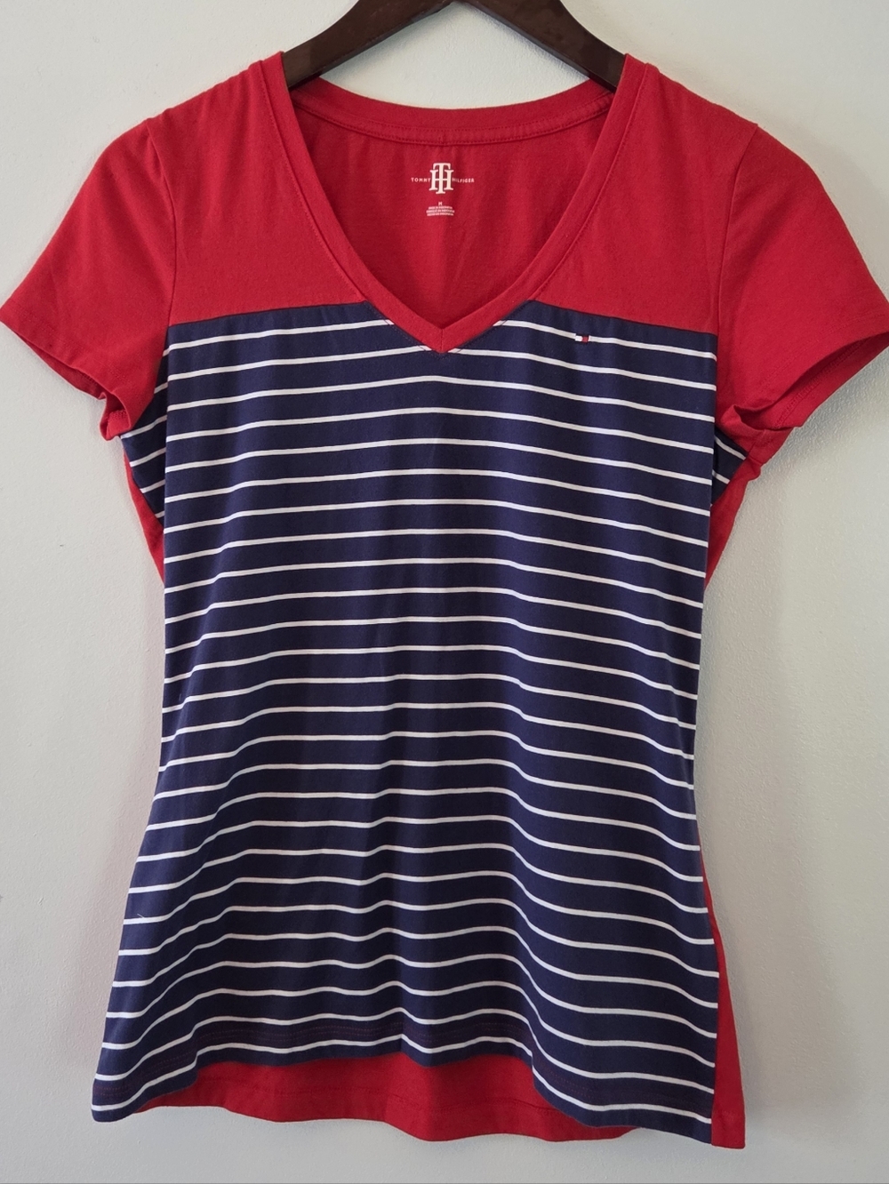 Tommy Hilfiger Red, White & Blue Striped V-Neck Short-Sleeve Shirt Size M